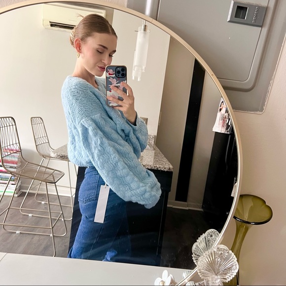 Lumiere Sweaters - Blue oversized balloon sleeve chunky knit button front cardigan